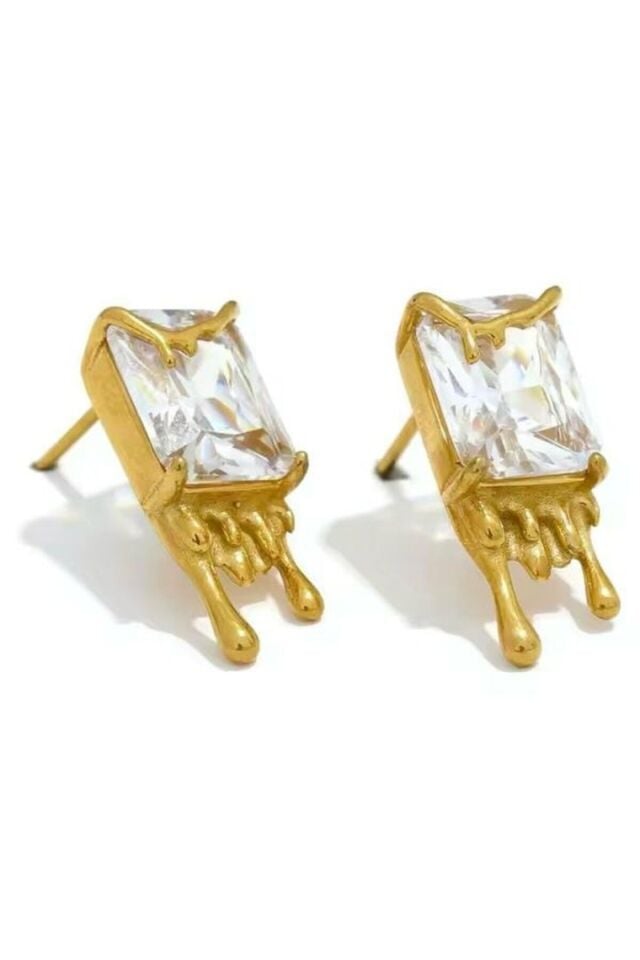 Zirkon Taşlı Gold Renk Çelik Küpe