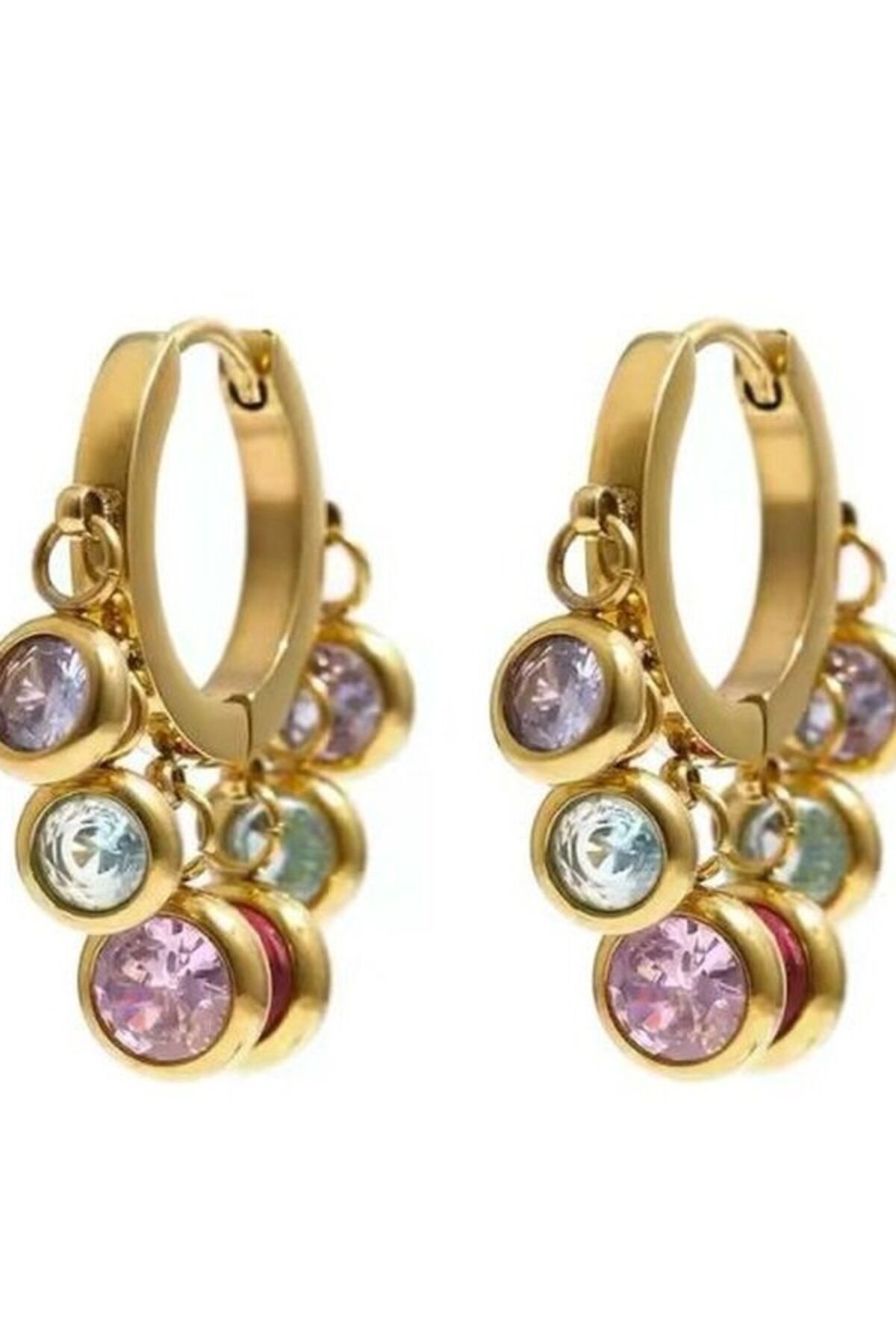 Renkli Zirkon Taşlı Çelik Halka Küpe