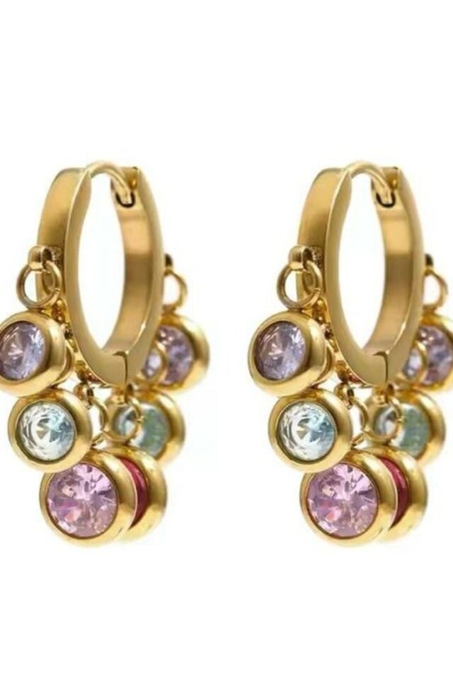 Renkli Zirkon Taşlı Çelik Halka Küpe