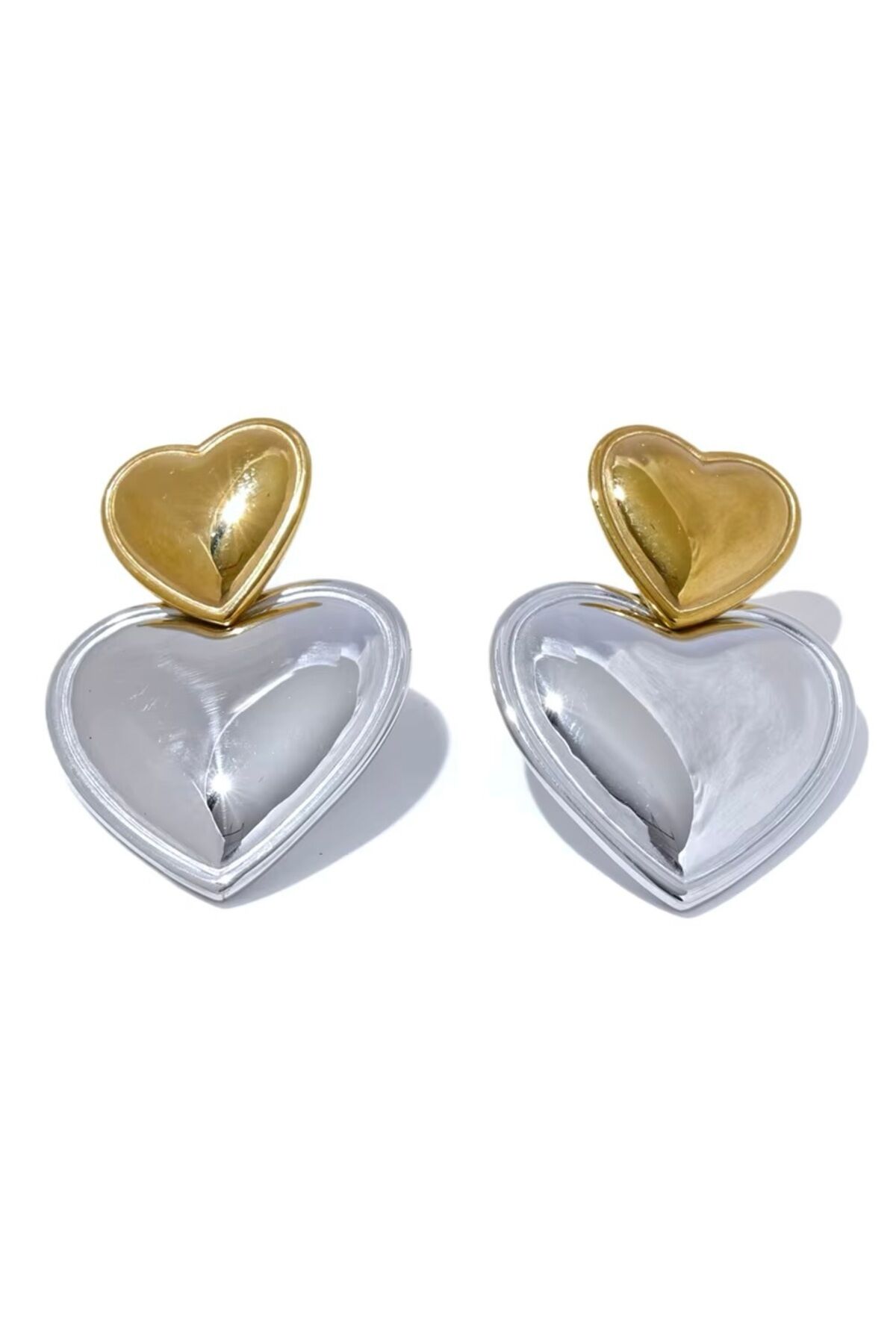 Çift Renkli Kalp İkonlı Sallantılı Çelik Küpe