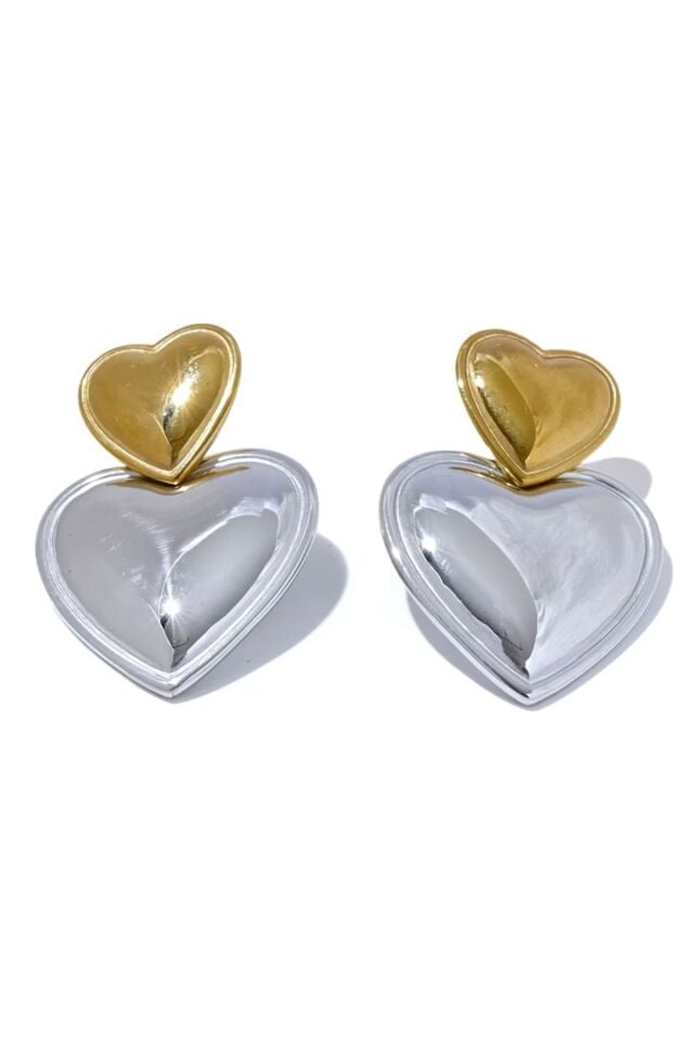 Çift Renk Kalp İkonlı Sallantılı Küpe