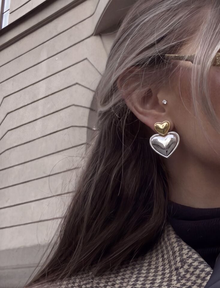 Çift Renk Kalp İkonlı Sallantılı Küpe