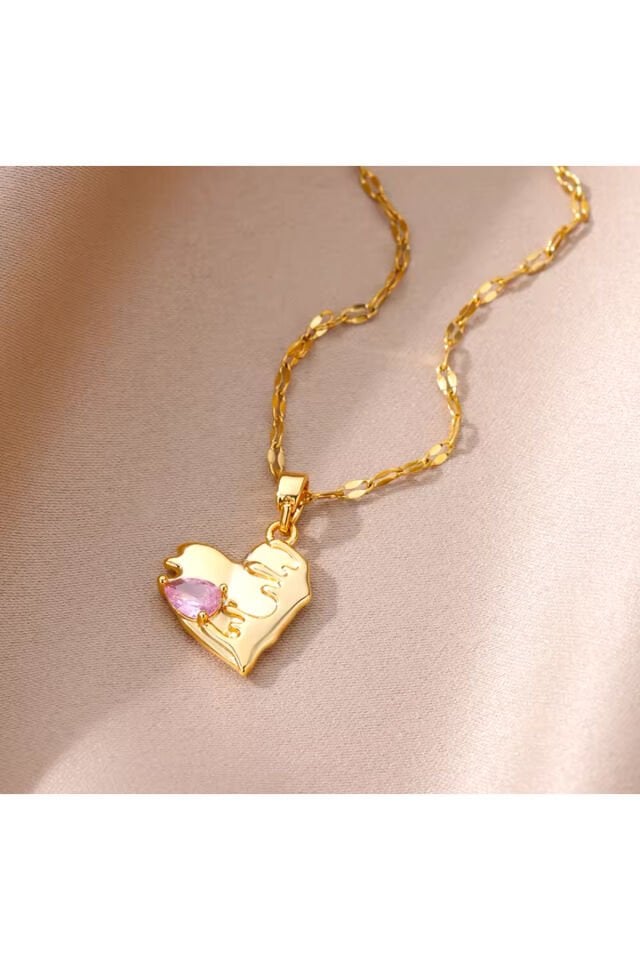 Pembe Taşlı Kalp İkon Kolye