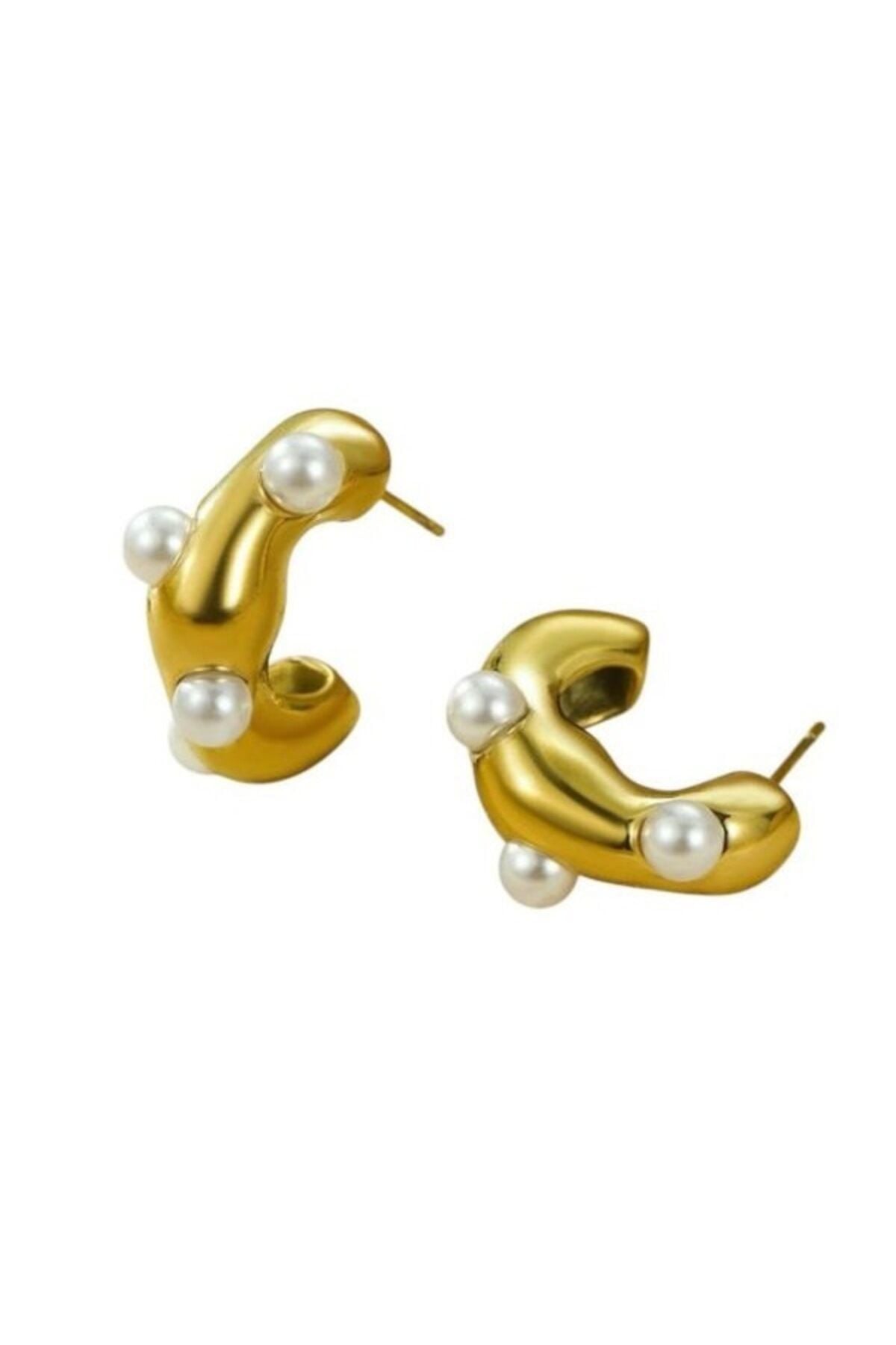 İnci Taşlı Halka Çelik Küpe