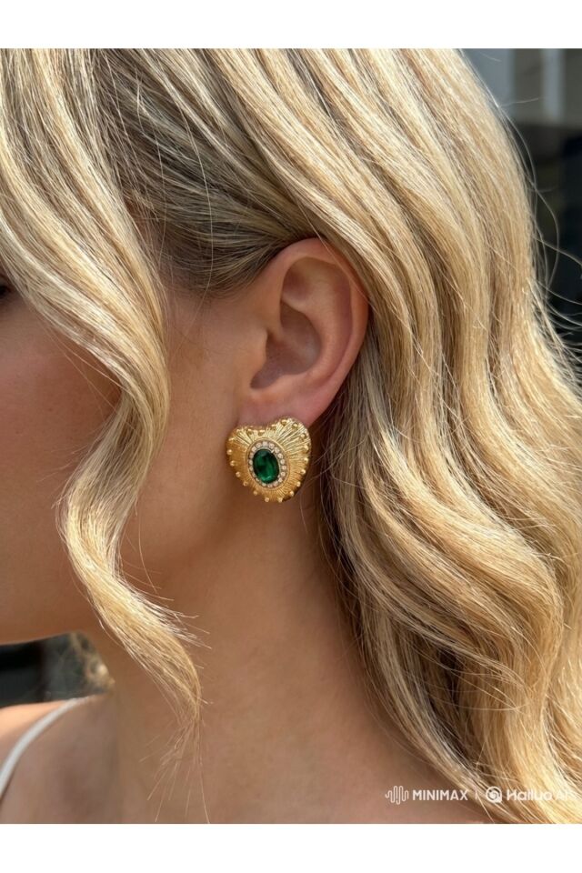 Yeşil Zirkon Taşlı Kalp Küpe