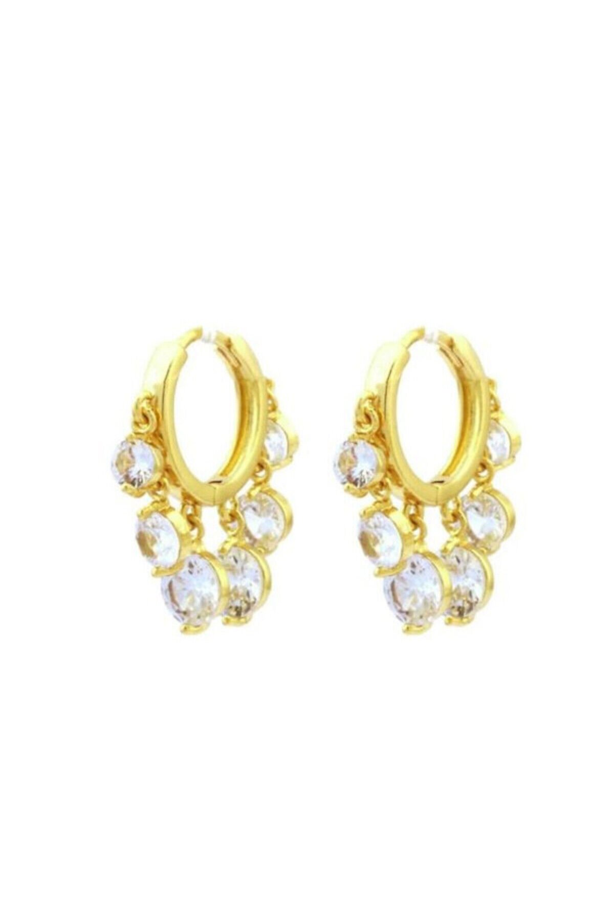 Zirkon Taşlı Sallantılı Gold Küpe