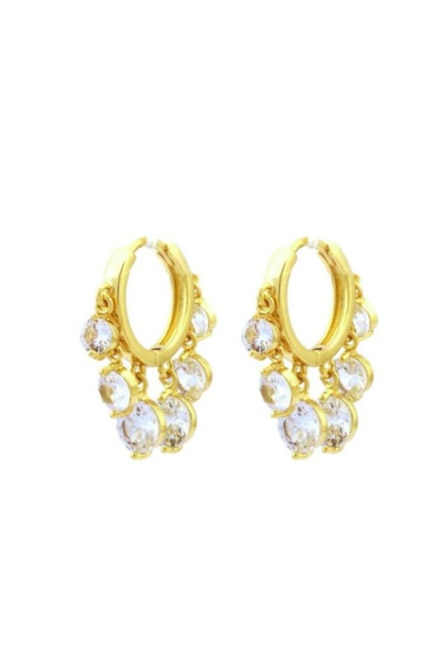 Zirkon Taşlı Sallantılı Gold Küpe