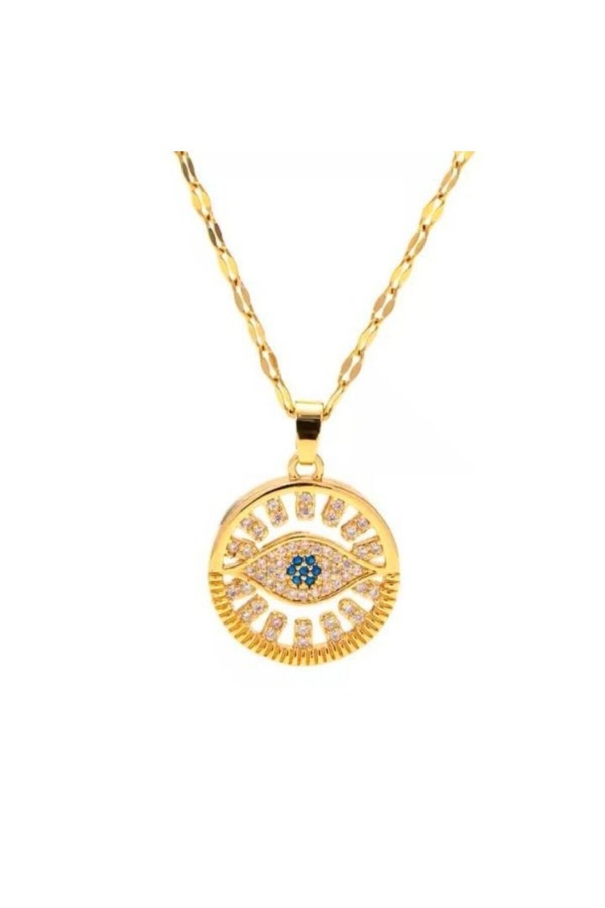 Göz Figürlü Gold Çelik Kolye