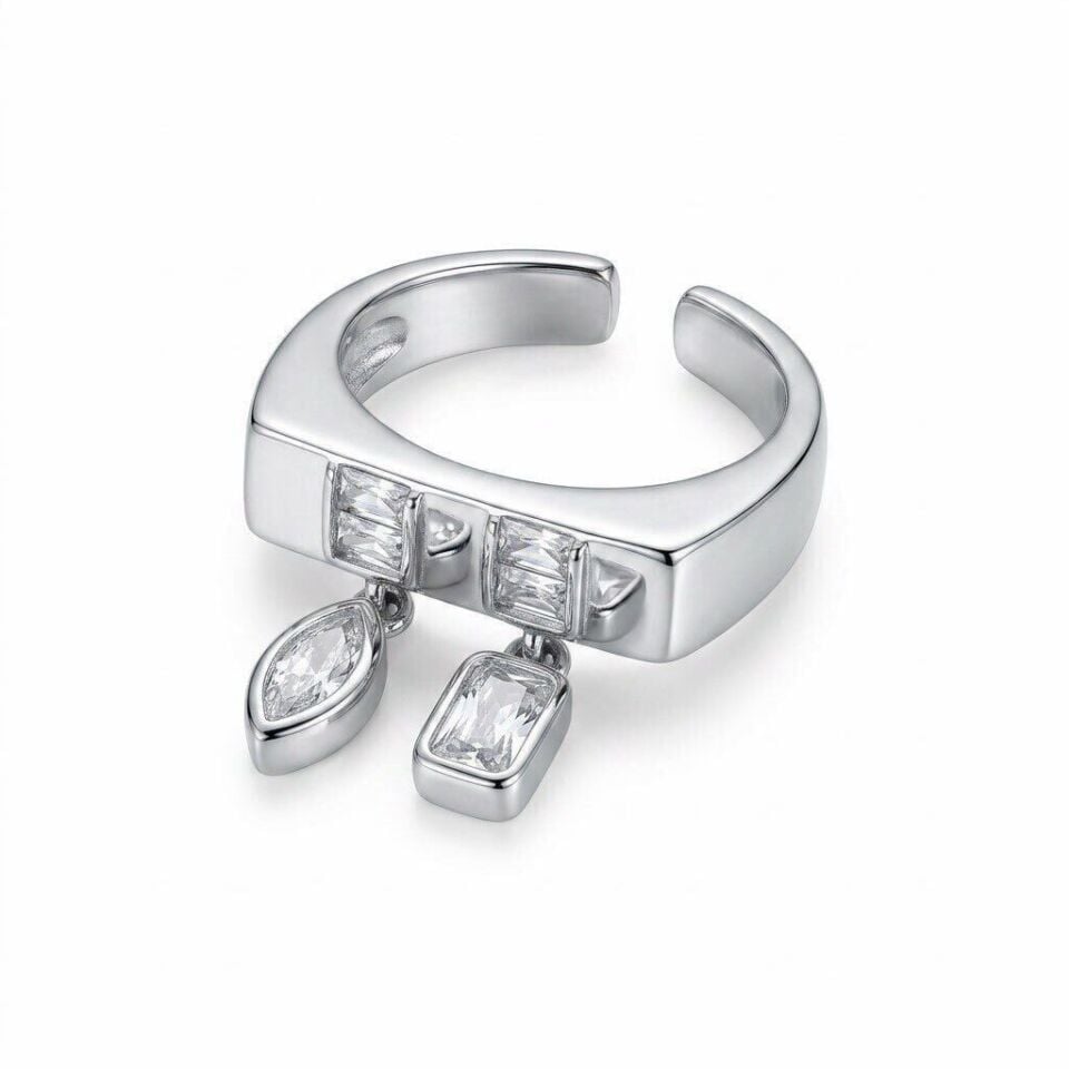 Sallantılı Kare Silver Yüzük