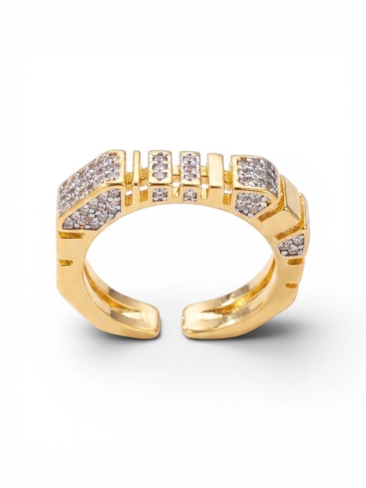 Silver Zirkon Taş Kare Gold Yüzük